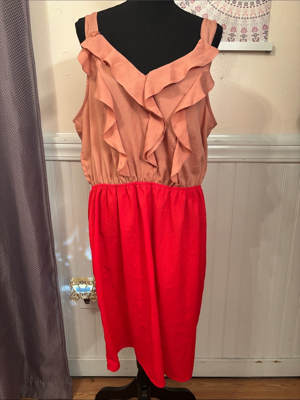 Peach Ruffle Top with Bright Red Skirt Dress
